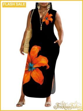 Plus Size Maxi Dress Sleeveless V-Neck Side Slit Pockets Beach Casual